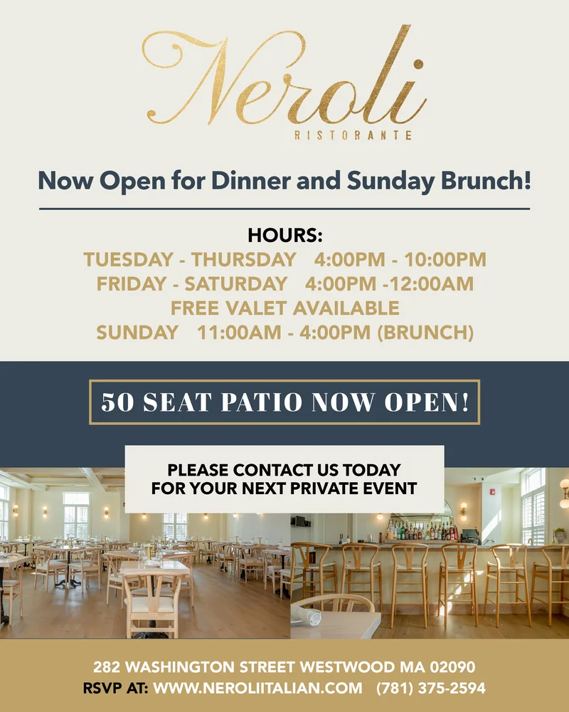 Neroli Ristorante dinner, brunch and patio opening ad