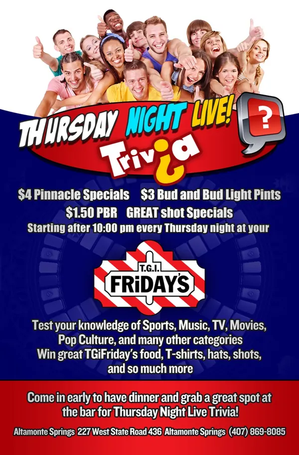 TGI Fridays Thursday Night Live trivia flyer
