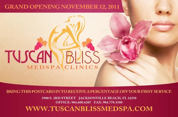 Tuscan Bliss MedSpa grand opening postcard